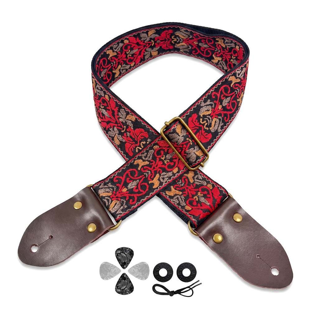 Musical Instrument In English - Nakışlı Baskılı Gitar Askısı Vintage Etnik